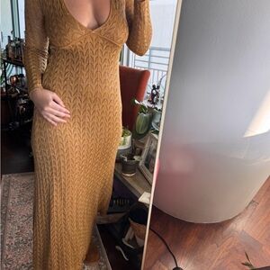 Brown Knit Textured Long Sleeve Maxi Dress V-Neck Pullover Size Regular